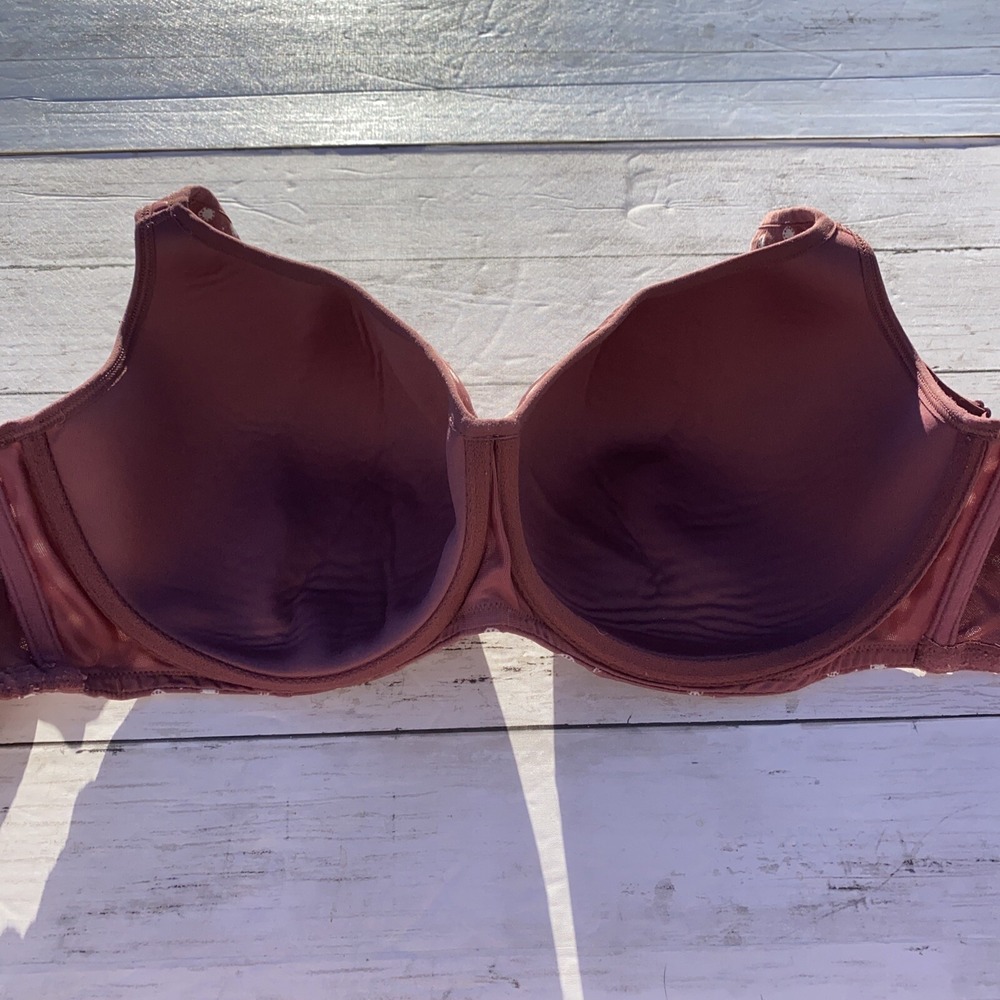 Cacique 44DD Bra Lightly Lined Balconette Underwire Mauve Cream Floral Dot Soft - Picture 8 of 12